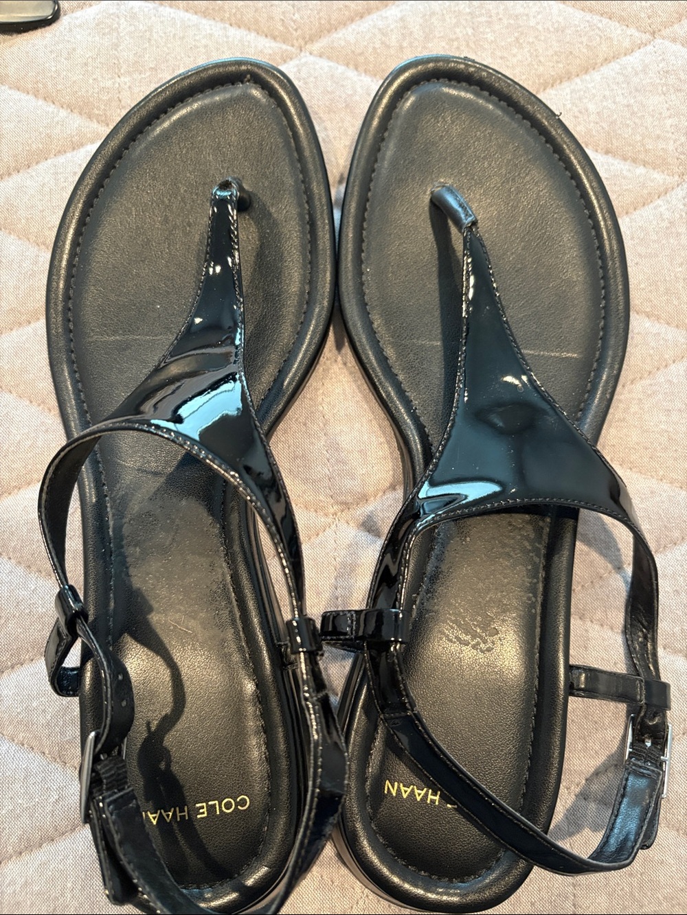 Cole Haan Black Patent T-Strap Sandals with Ankle Buckle